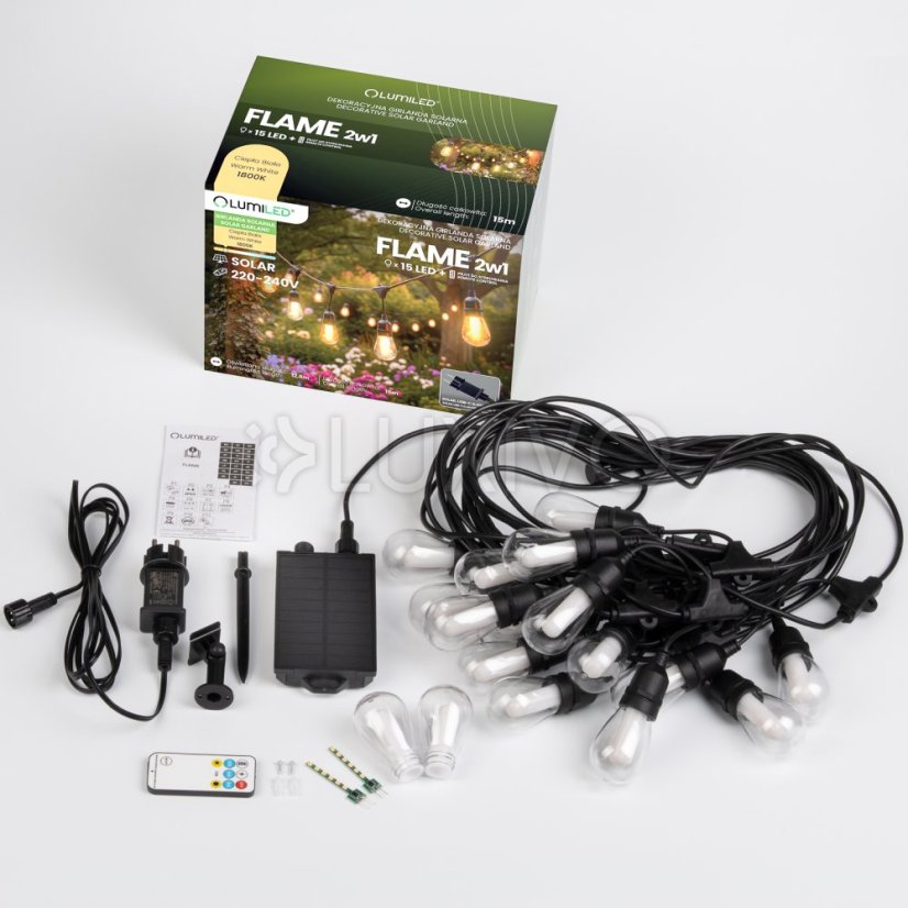 Solárna záhradná girlanda 15x LED plameň dekoratívne svetielka 15m 1800K teplá FLAME LUMILED