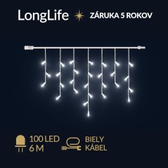 LongLife led svetelná záclona vonkajšia - 100led - 6m studená biela - biely kábel