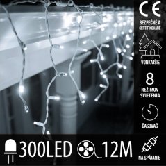 Vianočná led svetelná záclona na spájanie vonkajšia - programy - časovač + diaľkový ovládač - 300led - 12m studená biela