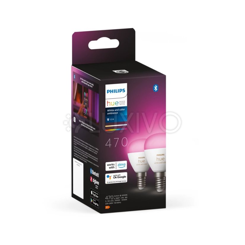 2x LED žiarovka E14 Ball P45 5,1W = 40W 470lm 2000-6500K CCT + RGB SMART Smart Bluetooth ZigBee White and Color Ambiance Philips HUE
