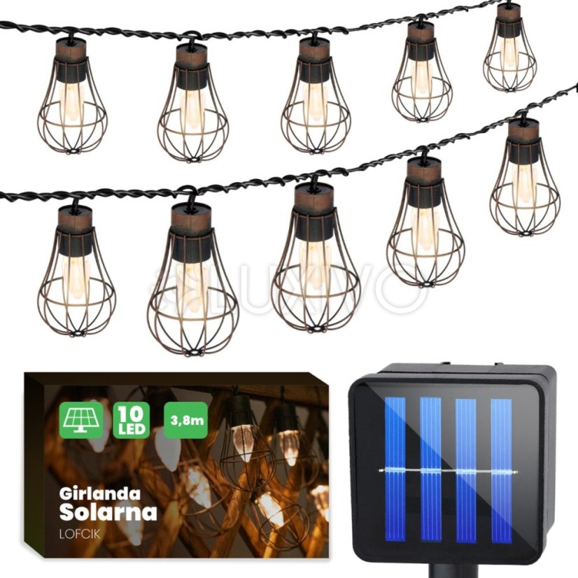 Solárna záhradná dekoratívna girlanda 3,8 m 10 závesných drôtených žiaroviek 2900K Warm