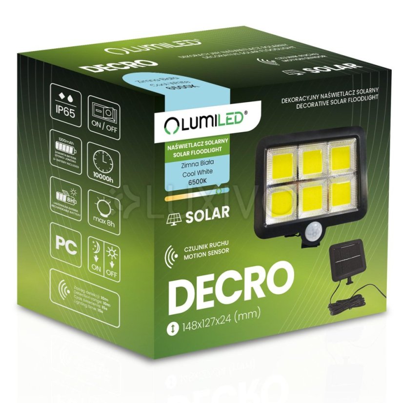 Solárne reflektory LED Halogénová záhradná lampa 6500K IP65 Senzor pohybu a súmraku DECRO LUMILED