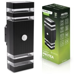 Vonkajšia nástenná lampa elewácia hore-dole 2xGU10 čierna senzor pohybu a súmraku IP54 PROTEA LUMILED