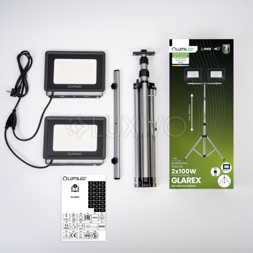 Reflektor LED Halogén lampa 2 x 100W na statíve GLAREX 4000K LUMILED
