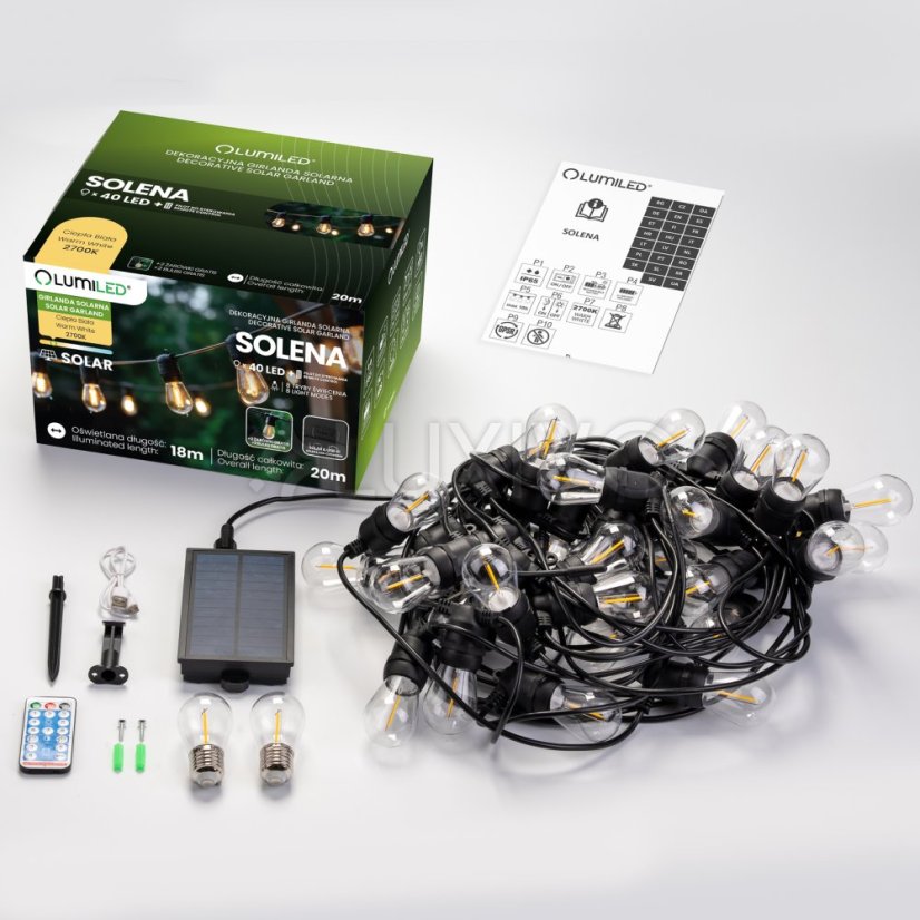 Solárna záhradná girlanda 40x LED dekoratívne žiarovky 20m 2700K teplá s diaľkovým ovládaním SOLENA LUMILED