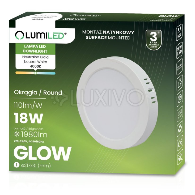 Povrchová montáž LED stropného svietidla 18W Kruhové svietidlo 4000K GLOW White LUMILED