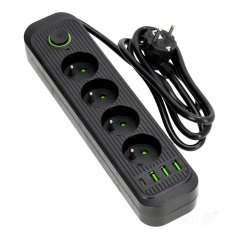 Sieťová predlžovacia šnúra 4× zásuvka s ochranou USB vypínač 1, 5m čierna Connecto Kobi
