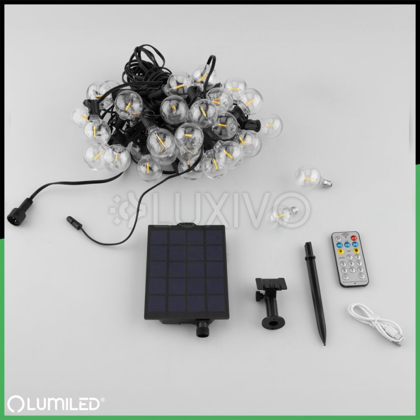 Solárna záhradná girlanda 40x LED ozdobné guľôčky 19, 55m 2700K teplá + diaľkový ovládač CALLIS2 LUMILED