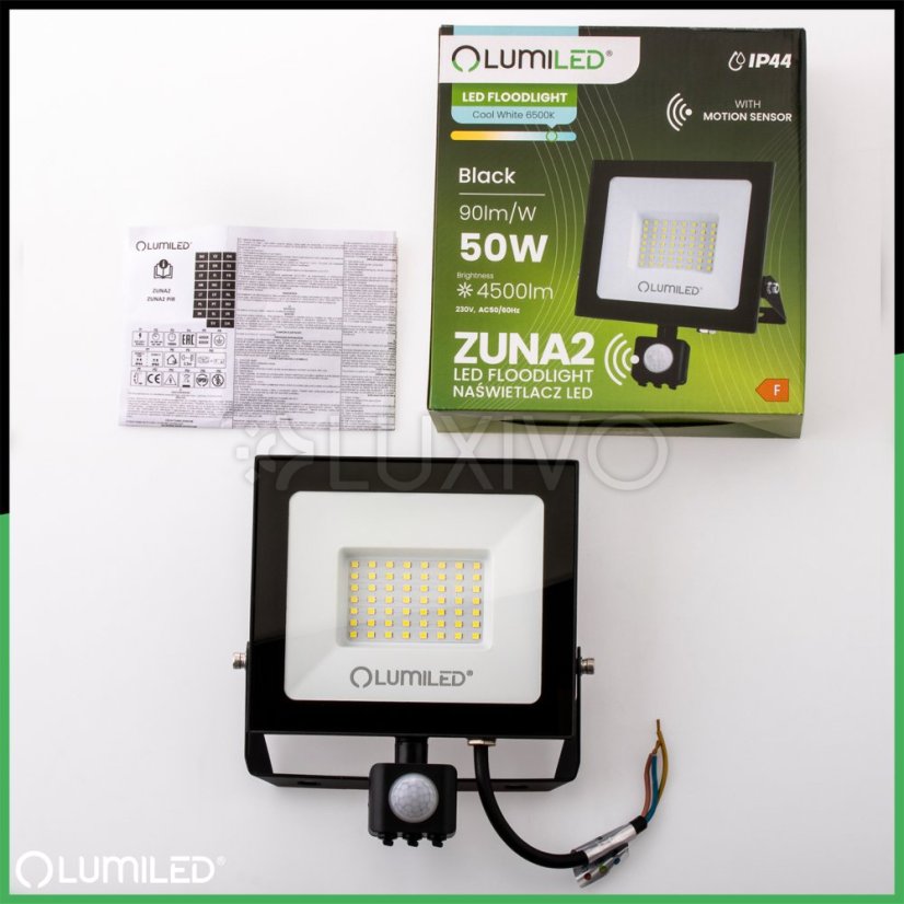 LED reflektor ZUNA2 50W 4500lm 6500K IP44 Black Senzor pohybu LUMILED