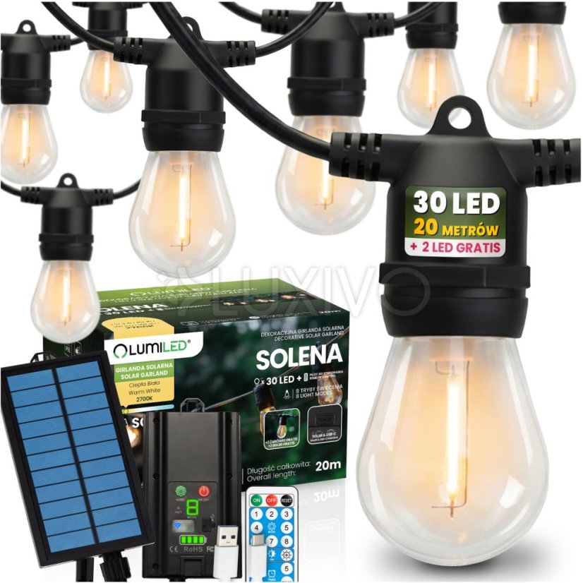 Solárna záhradná girlanda 30x LED ozdobné žiarovky 20m 2700K teplá s diaľkovým ovládačom SOLENA LUMILED