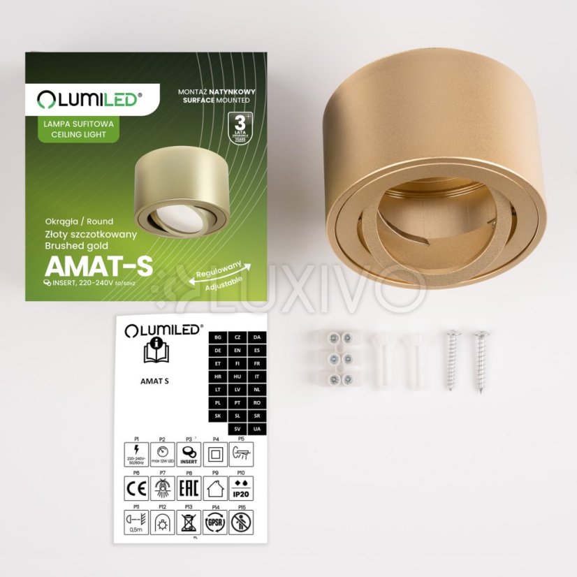 Nástenné halogénové bodové svietidlo rúrkové pohyblivé okrúhle zlaté 50mm AMAT-S