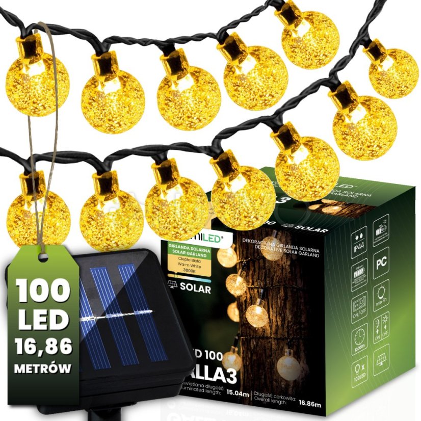 Solárne záhradné girlandy Solárne svetlá 100x LED žiarovka Balkónové gule 16m 3000K GALLA3 LUMILED