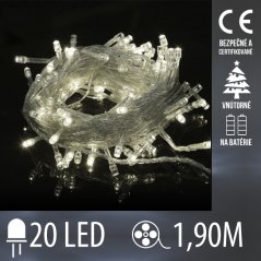 Vianočná led svetelná reťaz vnútorná na batérie s priesvitným káblom - 20led - 1,9m teplá biela