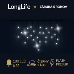 LongLife led svetelná záclona vonkajšia flash - 100led - 6m studená biela / flash prebliknutie studená biela - čierny kábel
