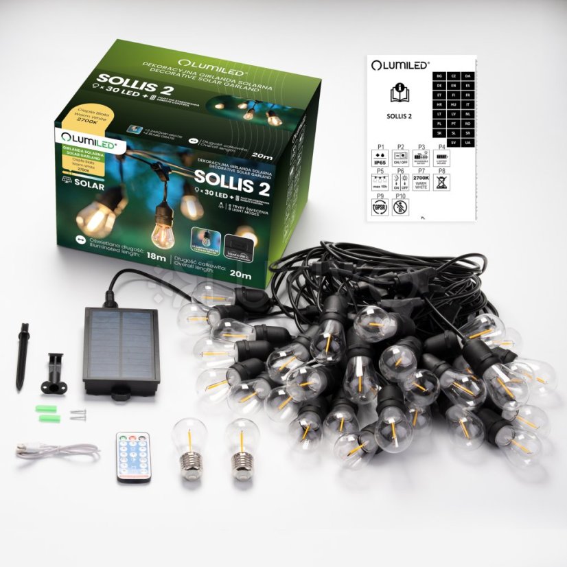 Vonkajšia solárna girlanda 30x LED dekoratívne žiarovky 20m 2700K teplá + diaľkový ovládač IP65 SOLLIS 2 LUMILED