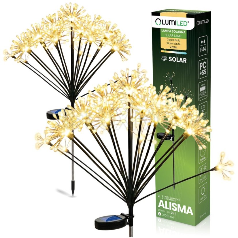 2x Solárna záhradná lampa LED ALISMA zapichovacia vonkajšia 70cm 2700K IP44 LUMILED
