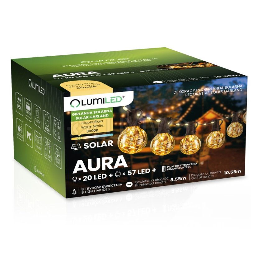 Záhradná solárna girlanda 20x LED dekoratívne žiarovky 10, 55m 3000K teplá + diaľkové ovládanie AURA LUMILED