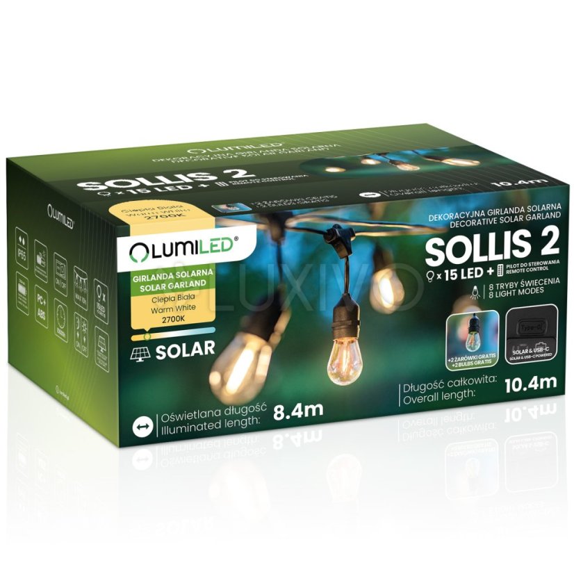 Solárna záhradná girlanda 15x LED ozdobné žiarovky 10, 4m 2700K teplá + diaľkový ovládač IP65 SOLLIS 2 LUMILED