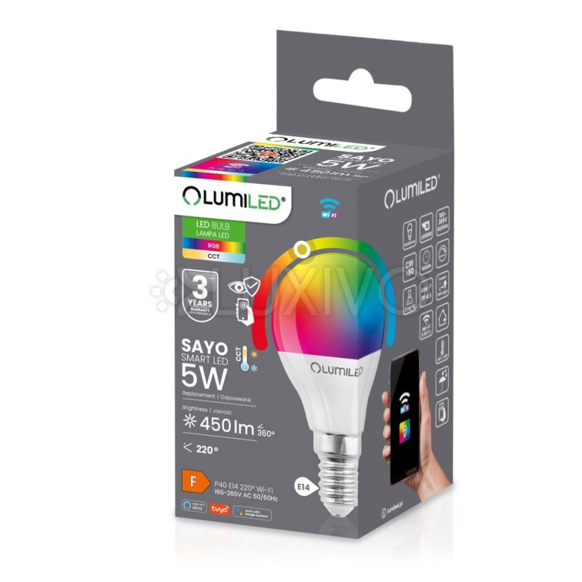 LED žiarovka E14 P40 Bulb 5W = 40W 450lm RGB CCT Stmievateľná Smart TUYA WiFi SMART SAYO LUMILED