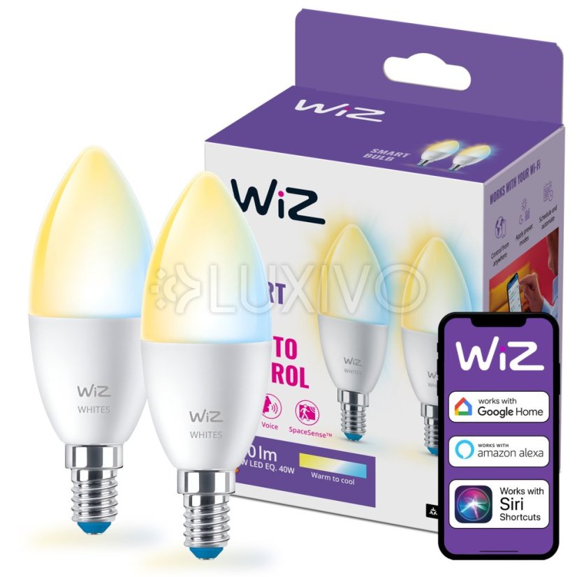 2x LED žiarovka E14 Candle C37 4,9W = 40W 470lm 2700-6500K TW Smart SMART WiFi Bluetooth App WiZ