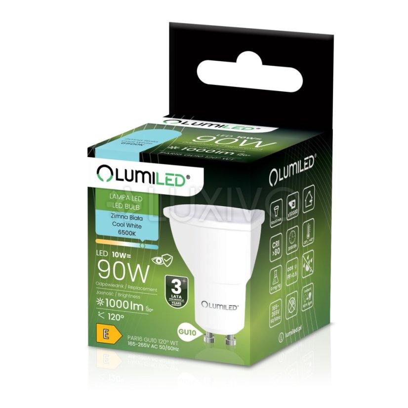 LED žiarovka GU10 reflektor PAR16 10W = 90W 1000lm 6500K studená 120° LUMILED