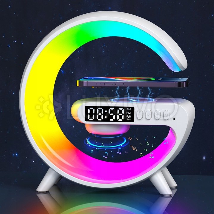 Stolová LED lampa 3W 420lm RGB s akumulátorom herná indukčná nabíjačka reproduktor Bluetooth vypínač ON/OFF biela Masterled