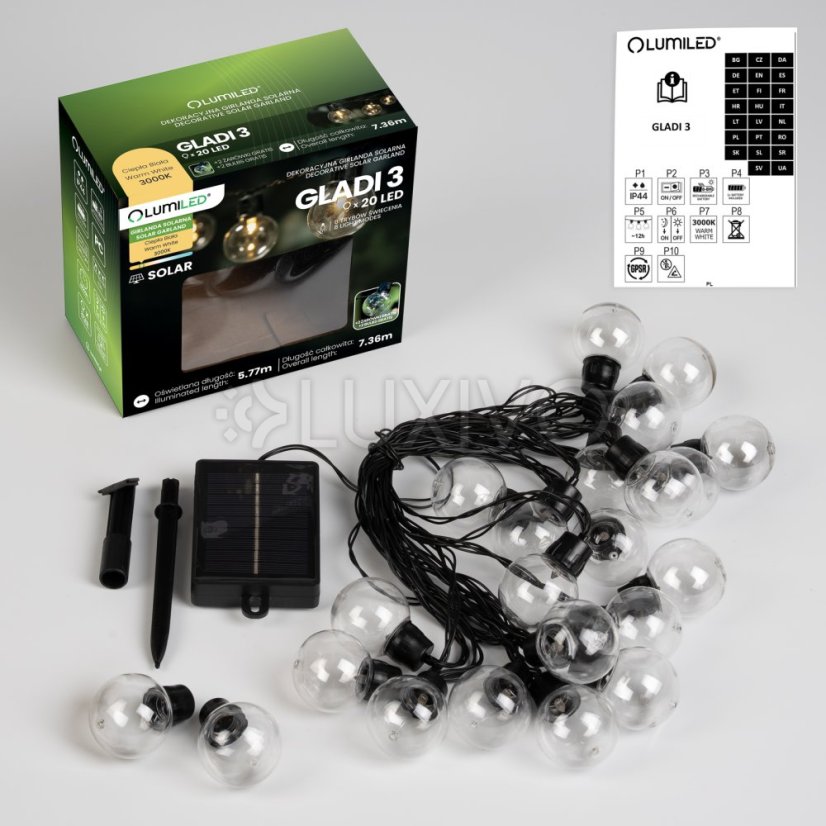 Girlanda solárna záhradná 20 LED balkónová ozdobné guľôčky 7, 36m 3000K teplá GLADI 3 LUMILED