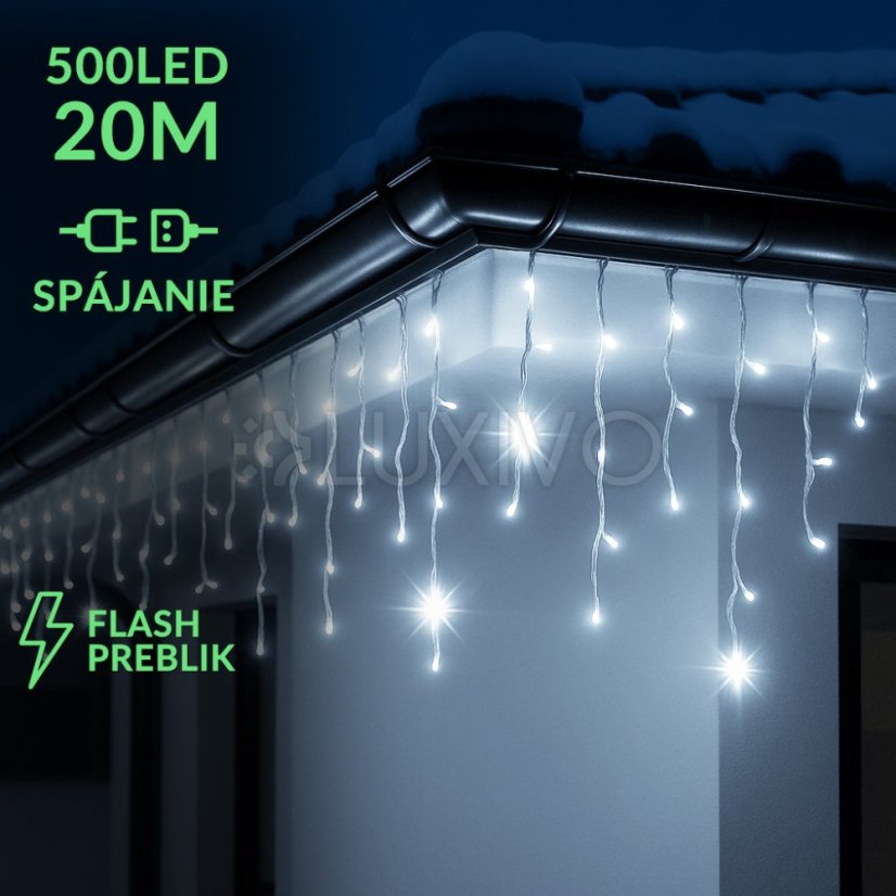 Vianočná led svetelná záclona na spájanie vonkajšia flash - 500led - 20m - studená biela / studená biela
