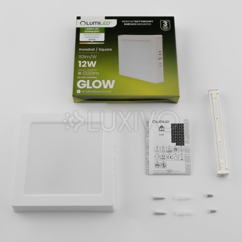Stropné svietidlo LED s povrchovou montážou 12W Square 4000K GLOW White LUMILED