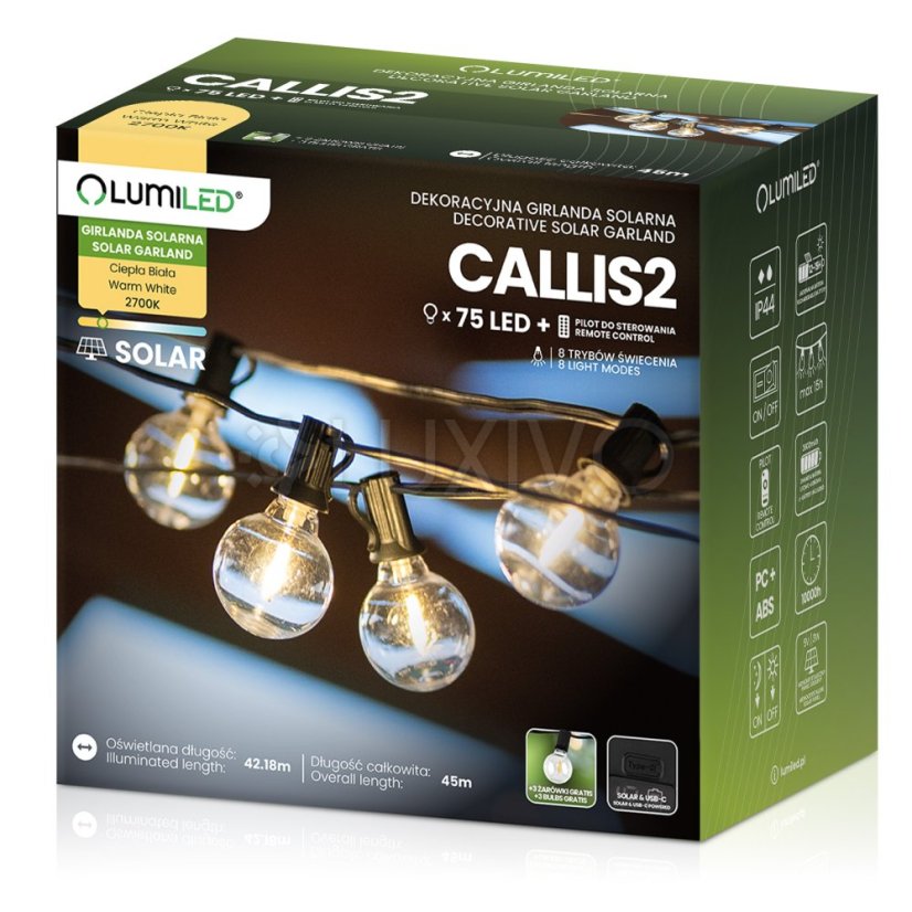 Solárna záhradná girlanda 75x LED ozdobné guľôčky 45m 2700K teplá biela + diaľkový ovládač CALLIS2 LUMILED