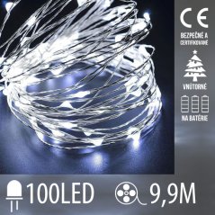 Vianočná led svetelná mikro reťaz na batérie - 100led - 9,9m studená biela