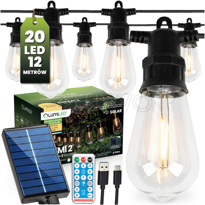 Záhradná solárna girlanda 20x LED dekoračné žiarovky 11, 68m 3000K teplá biela + diaľkové ovládanie LUMILED