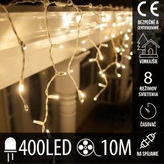 Vianočná led svetelná záclona na spájanie vonkajšia - programy - časovač + diaľkový ovládač - 400led - 10m teplá biela