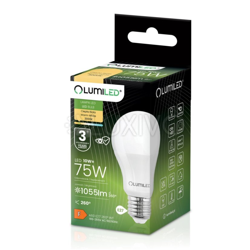 LED žiarovka E27 A60 10W = 75W 1055lm 3000K Warm 260° LUMILED
