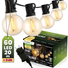 Záhradná svetelná reťaz Girland 20m 60x LED + 2 žiarovky 12W Warm 2700K DOLLIS2 LUMILED