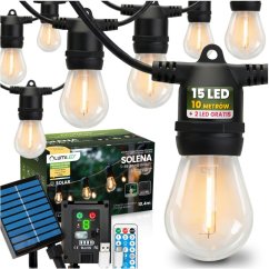 Solárna záhradná girlanda 15x LED ozdobné žiarovky 10, 4m 2700K teplá + diaľkové ovládanie SOLENA LUMILED