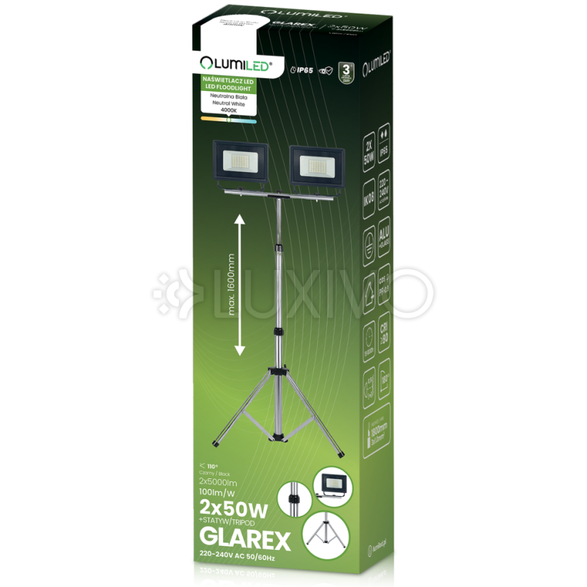 Reflektor LED Halogén lampa 2 x 50W na statíve GLAREX 4000K LUMILED