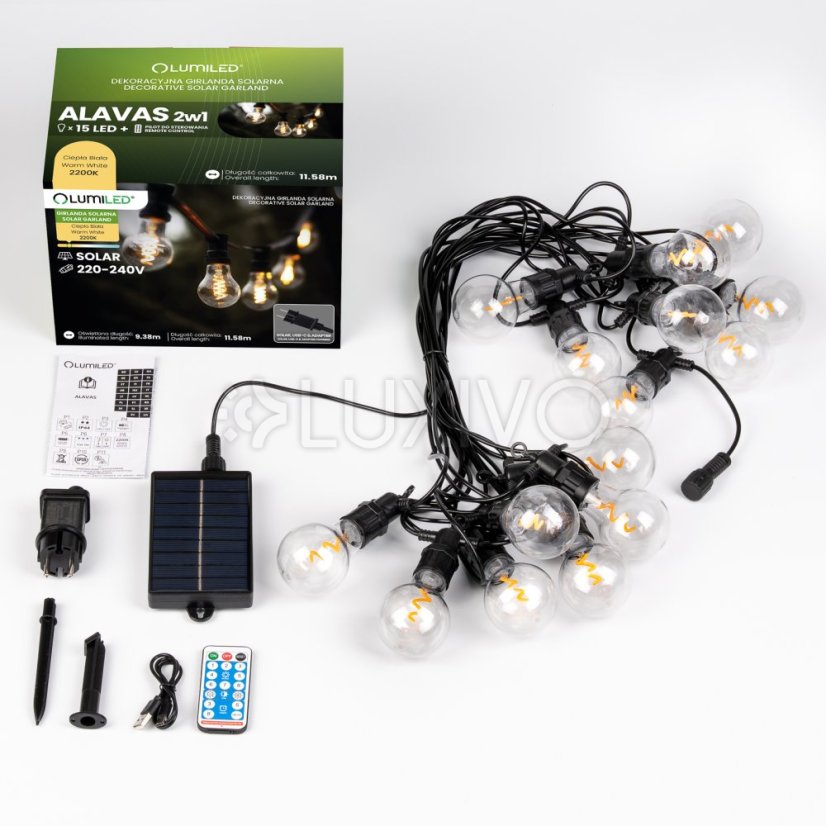 Záhradná solárna girlanda 15x LED dekoračné žiarovky 11, 58m 2200K teplá + diaľkový ovládač ALAVAS LUMILED