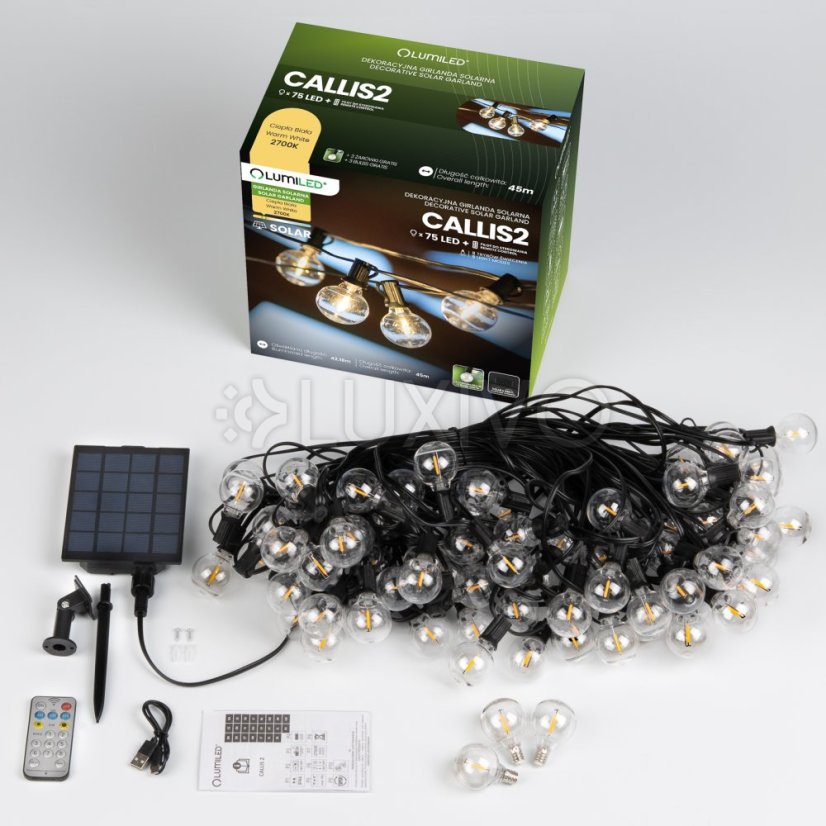 Solárna záhradná girlanda 75x LED ozdobné guľôčky 45m 2700K teplá biela + diaľkový ovládač CALLIS2 LUMILED
