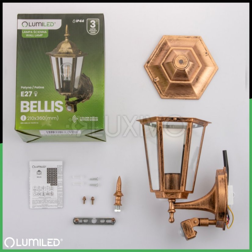 Záhradná lampa Vonkajšia nástenná lampa E27 12W LED svietidlo Senzor pohybu BELLIS LUMILED