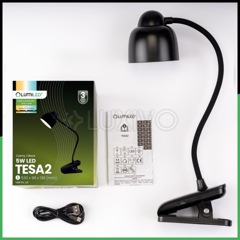 LED stolová lampa 5W CCT kresliarska školská TESA 2 čierna LUMILED