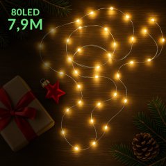 Vianočná led svetelná mikro reťaz vonkajšia - 80led - 7,9m teplá biela