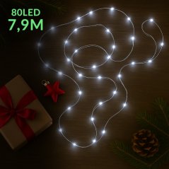 Vianočná led svetelná mikro reťaz vonkajšia - 80led - 7,9m studená biela