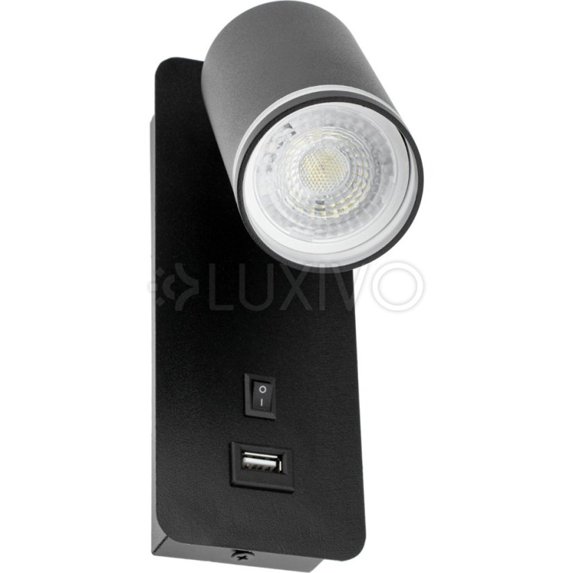 Nástenné svietidlo GU10 RING s USB a vypínačom čierne