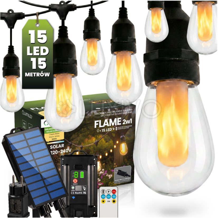Solárna záhradná girlanda 15x LED plameň dekoratívne svetielka 15m 1800K teplá FLAME LUMILED