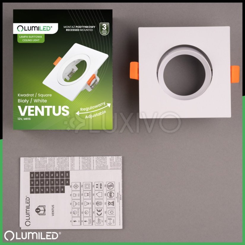Halogénové svietidlo na zapustenú montáž Hranaté biele GU10 MR16 VENTUS Lumiled