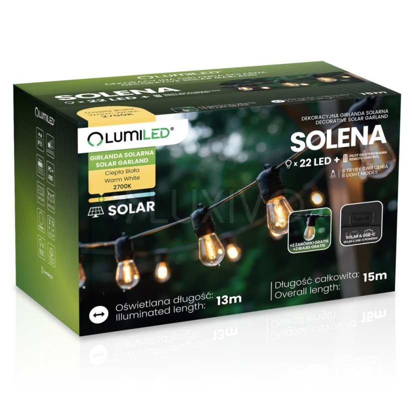 Solárna záhradná girlanda 22x LED ozdobné žiarovky 15m 2700K teplá biela + diaľkový ovládač SOLENA LUMILED