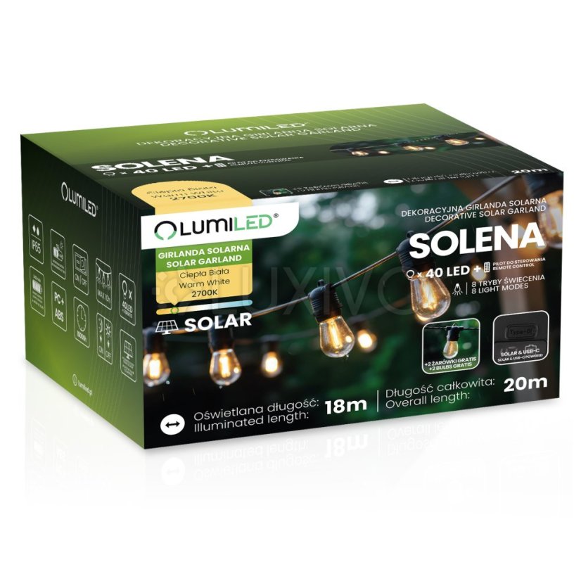 Solárna záhradná girlanda 40x LED dekoratívne žiarovky 20m 2700K teplá s diaľkovým ovládaním SOLENA LUMILED