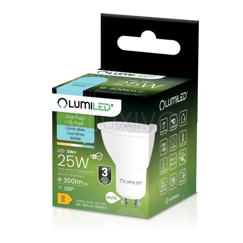 LED žiarovka GU10 reflektor PAR16 3W = 25W 300lm 6500K studená 120° LUMILED