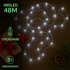 Vianočná led svetelná mikro reťaz vonkajšia + programator + diaľkové ovládanie - 480ed - 48m studená biela